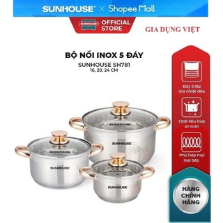 Bộ nồi inox 5 đáy sunhouse đáy từ sh781 16, 20, 24 cm