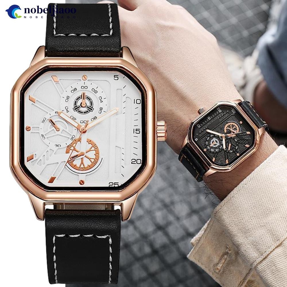 Nobeljiaoo Nam Thời Trang Vuông Da Đồng Hồ Kỹ Thuật Đen Sinh Viên Phong Cách Anh Thạch Anh Đồng Hồ Đ