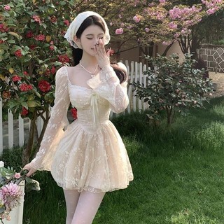 Váy Liền Ren Dài Tay Cổ Vuông Kiểu Pháp Váy Chữ A Tôn Dáng Gầy Chít Eo Mùa Hè Cho Nữ Váy Phong Cách Tây Dịu Dàng Thắt Dâ