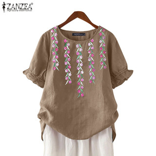 Zanzea Nữ Hàn Quốc Cổ Tròn Thêu Đèn Lồng Tay Áo Co Giãn Còng Áo