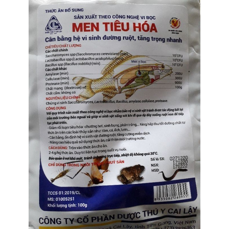 men tiêu hóa cho cá, men tiêu hóa cho ốc, ếch , lươn gói 100g