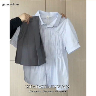 Shihanrou Xiaozhainv Quần áo nữ Hàn Quốc Áo sơ mi ngắn tay màu xanh thời trang cho một mùa hè mới và độc đáo