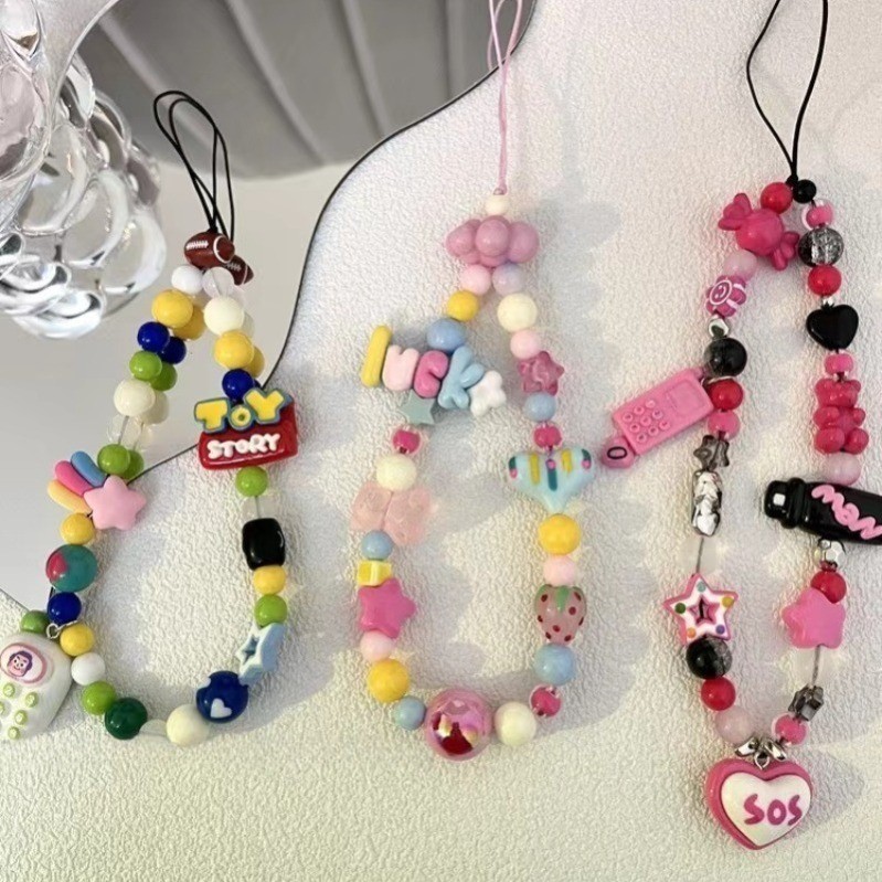 Thích hợp cho tất cả các trường hợp điện thoại thương hiệu Phim hoạt hình INS Siêu nhân dễ thương Hoa thỏ nơ Vỏ điện thoại Phụ kiện treo Vòng tay airpods Cô gái màu hồng Vòng tay chống mất