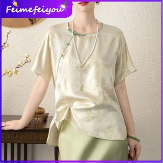 Ảnh Thực Tế] Phong Cách Trung Hoa Mới Retro Mùa Hè Rời Giảm Béo Cổ Tròn Đa Năng Thanh Lịch Giảm Tuổi Áo Sơ Mi Nữ Tay Ngắn