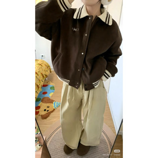 Áo khoác bóng chày thêu chữ phong cách Hàn Quốc cho nữ vào mùa xuân và mùa thu Áo khoác ngắn rộng rãi Maillard