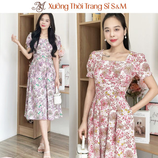 Đầm xòe hoa nhí cổ vuông xếp eo, tay phồng, CÓ TÚI - GR0314 (HÌNH THẬT SHOP CHỤP)
