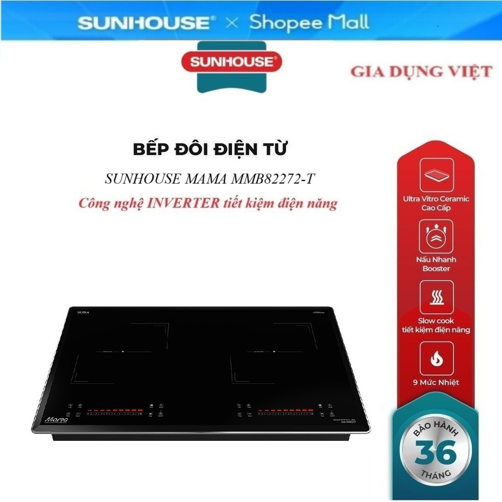 BẾP ĐÔI ĐIỆN TỪ SUNHOUSE MAMA MMB82272-T , Booster nấu nhanh - 9 mức chỉnh, có tính năng slow cook, 