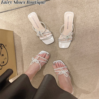 Giày nữ hợp thời trang phong cách Hàn Quốc. Dép mũi hở kim cương giả giả. Giày chéo cao gót