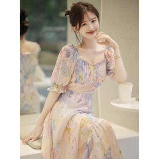 Tea Break Pháp Nhẹ Nhàng Đầm Cao Cấp Người Nổi Tiếng Tính Khí Đầm Hoa Tím Đầm Dài Nữ