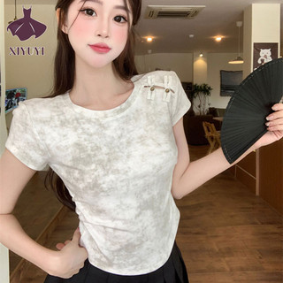 Xiyuyi Áo Thun Nữ Phong Cách Trung Hoa Mới Phong Cách Trung Hoa Nút Đĩa Cắt Tay Ngắn Thiết Kế Vai Phải Retro Top