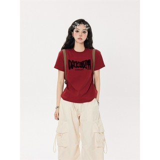 Lalisas Áo thun ngắn tay màu đỏ rượu vang mùa hè Slim Fit Giảm béo in chữ phong cách đường phố hàng đầu dành cho nữ