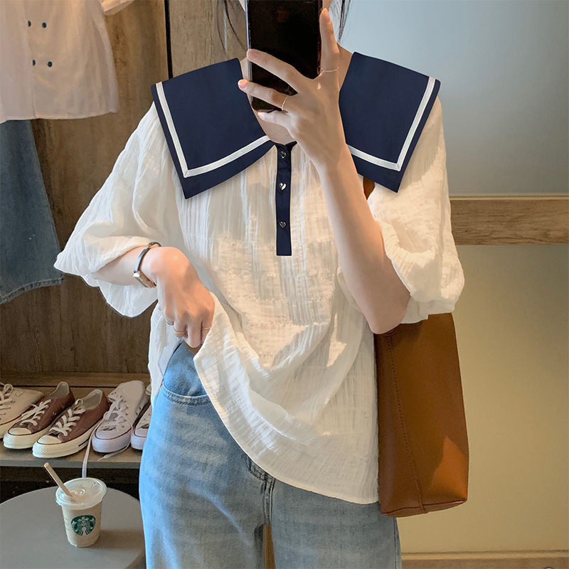 Cực Lớn Size Plump Bé Gái Thủy Thủ Cổ Áo Sơ Mi Tay Ngắn Cho Nữ 150.00kg Trắng 2022 Mới Phong Cách Hàn Quốc Rời Giảm Béo Top