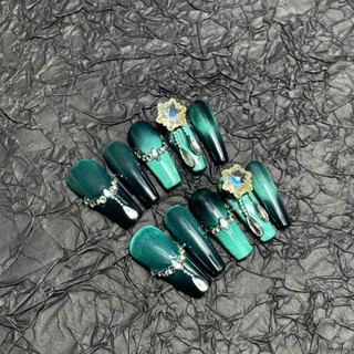 Cat 's Eye Hand-Worn Nail Sản phẩm Bán buôn Long Light Luxury Green White Miếng dán móng tay cao cấp có thể đeo được