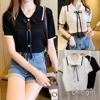 Nữ tay ngắn áo thun băng lụa chắp vá nơ cổ áo sơ mi thời trang mùa hè áo dạo phố