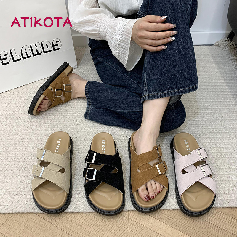 Atikota Nữ Thời Trang Đế Dày Sandal Thoải Mái Mềm Mở Mũi Bánh Mì Dép Mùa Hè Sinh Viên Kỳ Nghỉ Ngoài Trời Đi Biển Dép