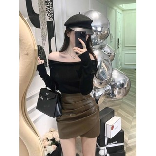 Áo dệt kim Yuewen Áo sơ mi nữ một vai dài tay
