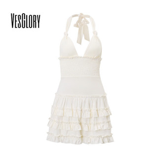 VesGlory Nữ Mini Đầm Thời Trang Cổ Chữ V Màu Trơn Nhân Quả Slim Fit Dây Không Tay Lưng Váy