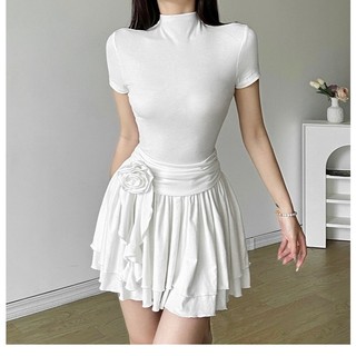 Kliou Mùa Hè 2024 Mới Phong Cách Retro Hoa Trang Trí Nửa Cổ Cao Đầm Nữ Gấp Eo Giảm Béo Váy Ngắn