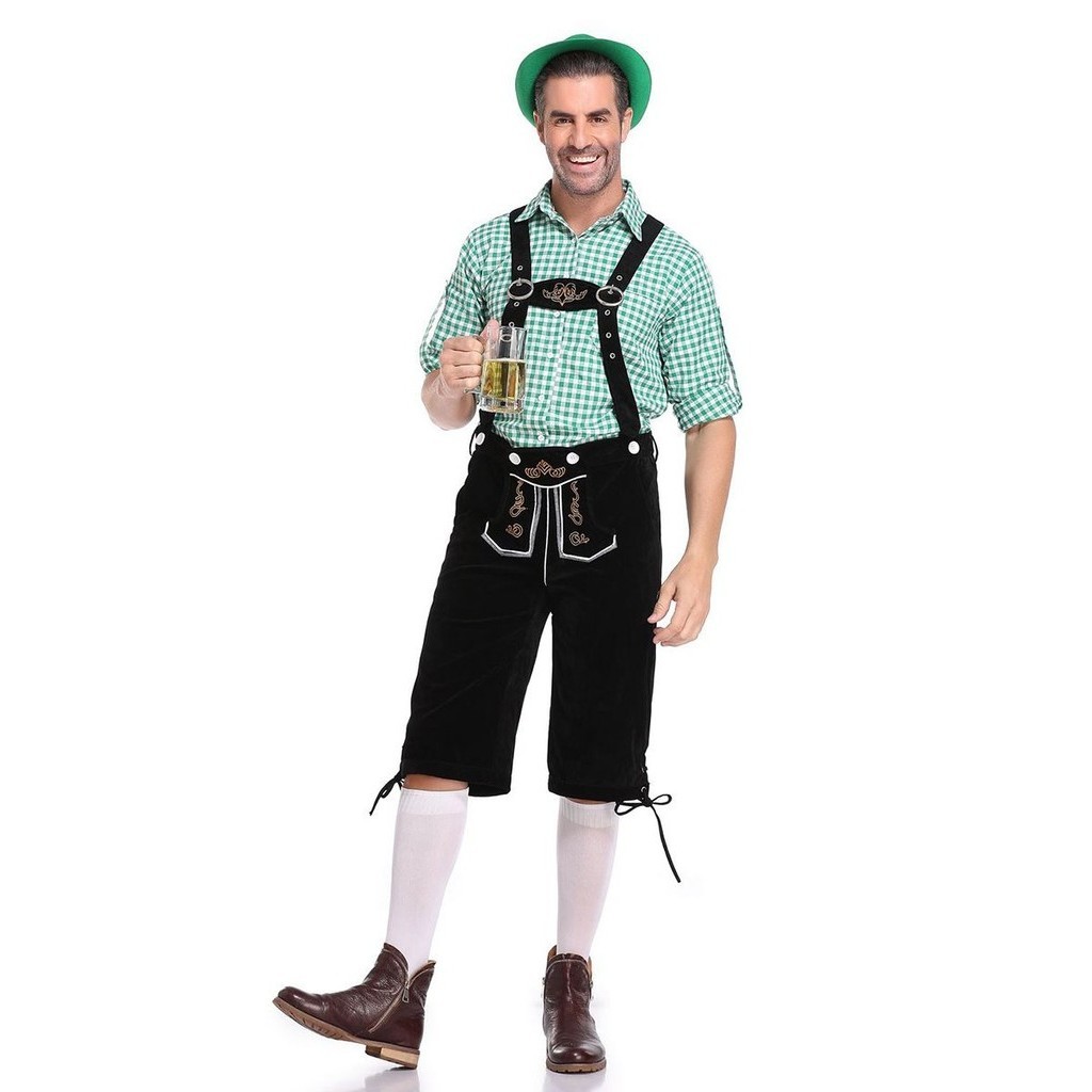 (Mẫu 2) Quần áo Nam Phục Vụ Bia Đức Áo Sơ Mi Sọc Caro Xanh Quần Đen/  Trang phục truyền thống lễ hội