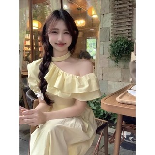 Váy Liền Cổ Chéo Cổ Tay Hai Lớp Bèo Nhún Cổ Điển Thiết Kế Chít Eo Tôn Dáng Kiểu Tây