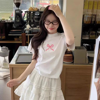 Áo thun ngắn tay màu trắng vai nữ thiết kế mùa hè Sense Niche Bow In cổ tròn Slim-Fit Crop-Top