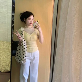 Áo thun Shory Phong Cách Áo Thun Mỹ Ngọt Ngào Hot Girl Nút Mùa Hè Co Giãn Slim-Fit Vai Giảm Béo Top