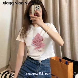 Xiang Nian Ni Áo thun ngắn tay dáng rộng màu trắng dành cho nữ mới Thiết kế Sense Áo khoác 100% Cotton