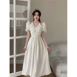Váy Liền Tôn Dáng Cho Nữ Váy Dài Giữa Ống Tay Bồng Mùa Hè Cổ Áo Đeo Cổ Hở Lưng