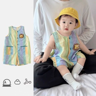 Bộ đồ liền thân cho bé mùa hè Bộ áo liền quần không tay cho bé trai bé gái Áo liền quần sọc cầu vồng 0-2 tuổi Quần áo trẻ sơ sinh