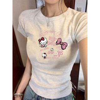 【100% cotton  Áo baby tee Áo Thun ôm body Áo y2k Áo thun ngắn tay mới in hình mèo xám đá