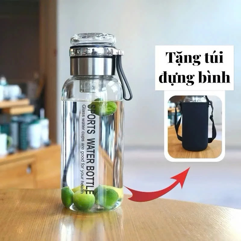 Bình đựng nước Thủy Tinh Chịu Nhiệt Chia Vạch Kèm Túi Đựng Dung Tích 750ml-1500ml