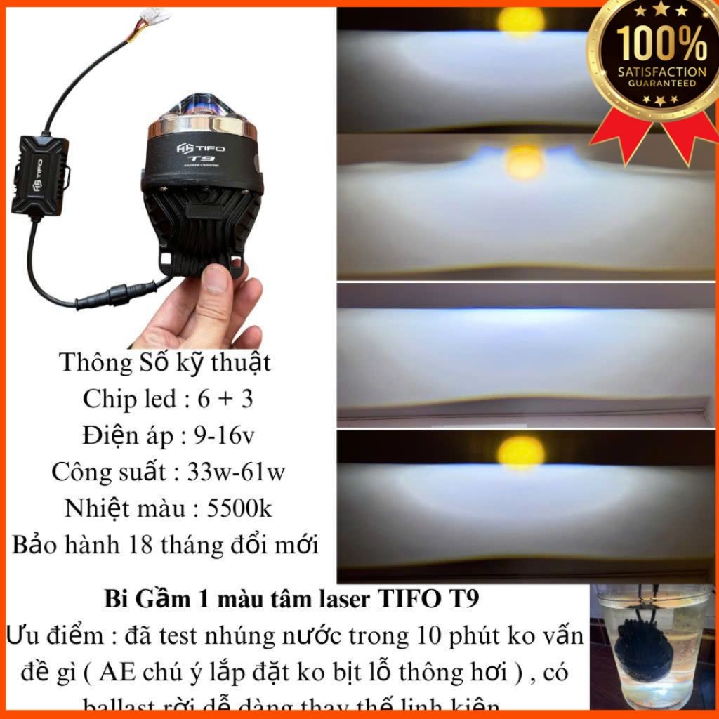 Bi Gầm LED Ô Tô TIFO T9 Chính Hãng - Bi LED Tâm Laser, Ánh Sáng 5500K