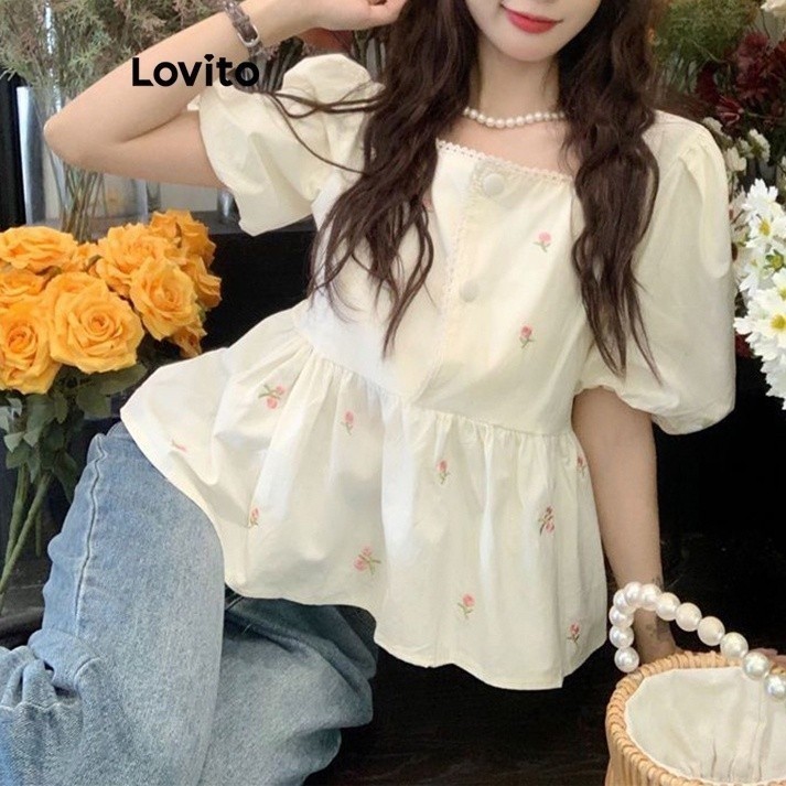 Áo kiểu Lovito tay phồng cổ xếp nếp lai bèo xếp nếp đính nút hoa nhí dễ thương cho nữ L73AD004 | BigBuy360 - bigbuy360.vn