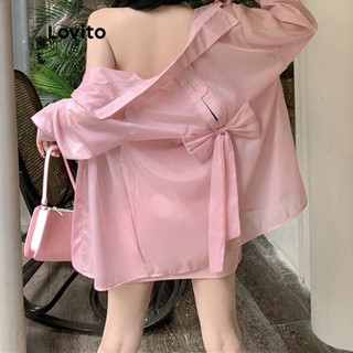 Áo kiểu Lovito tay dài đính nơ sau lưng màu trơn thường ngày cho nữ LNA13099 (Trắng/Hồng)