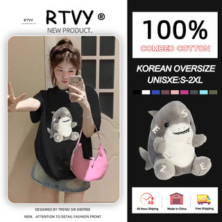 「RTVY」Áo thun Cotton ngắn tay nguyên chất in hình cá mập mùa hè dáng rộng thông thường cho nam và nữ Unisex Top