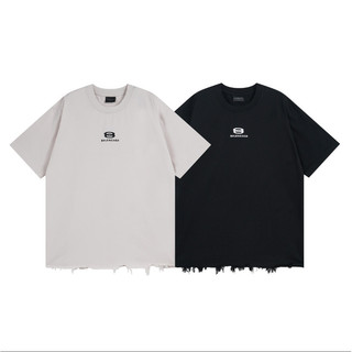 ❤❀ [Hàng có sẵn] ❤ Áo sơ mi Oversize cao cấp Balencia-g-----Logo thêu ngắn tay đốt cháy và làm áo thun cũ Unisex