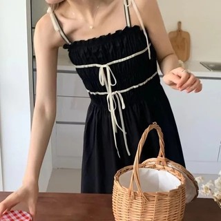 Sang Trọng Mùa Hè Hàn Quốc Ngọt Ngào Giảm Tuổi Nơ Màu Xếp Ly Kỳ Nghỉ Không Tay