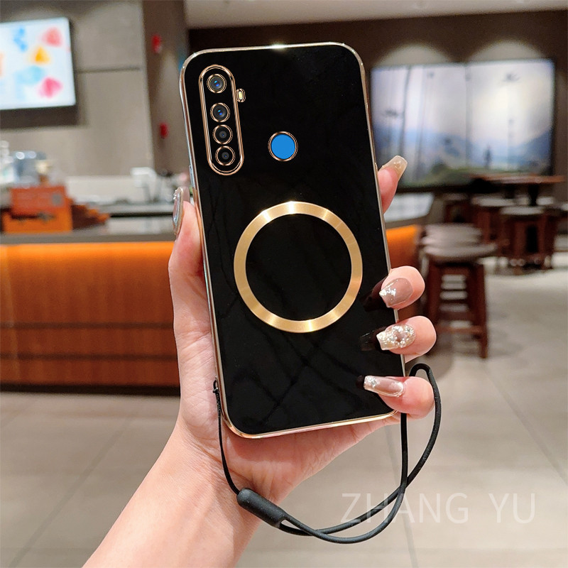 Ốp lưng Realme 5 5i 5s 6i c3 c3i 5 pro Ốp điện thoại TPU Silicone Cạnh thẳng Mạ điện Hấp thụ từ tính Vòng tròn hấp thụ sốc Dây tay Vỏ mềm