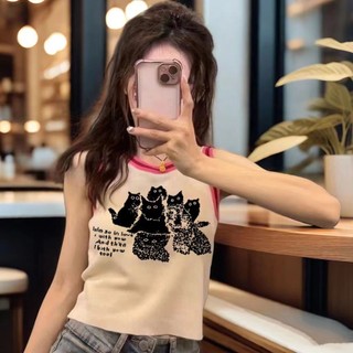 Áo ba lỗ nữ Áo trễ vai Mùa Hè 2024 Phong Cách Mới Thời Trang Cổ Tròn Mèo Jacquard Ôm Hơn Áo Vest