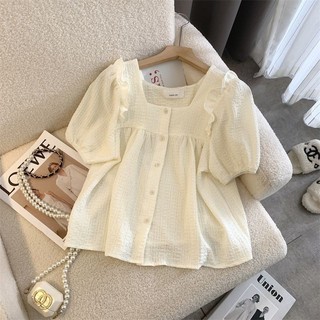 Áo sơ mi cổ vuông Pleat voan tay ngắn Hàn Quốc mùa hè mỏng vừa vặn áo tay phồng