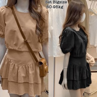 Thời Trang Bigsize - Set Bộ Đồ Nữ Đẹp Áo Croptop Tay Bồng và Chân Váy Tầng Xòe Bigsize Xinh Đẹp Thiết Kế Sang 50-95kg