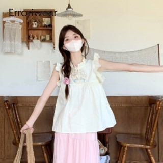 Erroriwear Áo Sơ Mi Nữ Phù Hợp Phong Cách Quốc Gia Thêu Khóa Đĩa Đứng Cổ Nhỏ Bay Tay