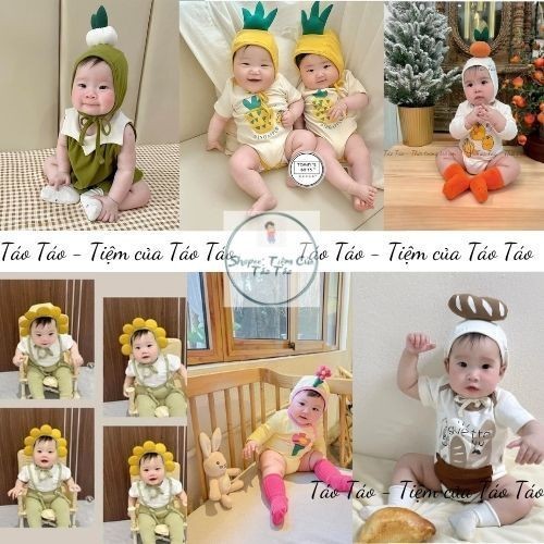 1 (HÀNG CÓ SẴN ) Bộ bodysuit cover ikii các loại HOA QUẢ kèm mũ tặng tất trắng cho bé sơ sinh, bé tr