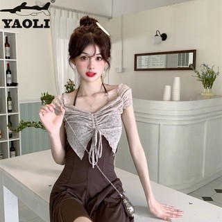 Váy nữ phong cách mới dây đeo cổ dây rút không đều váy ngắn mỏng hai mảnh