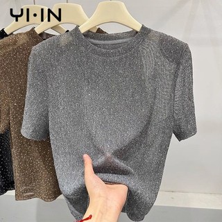 Thời Trang Sáng Lụa Nóng Kim Cương Lưới Sợi Ngắn Tay Áo Thun Nữ Mùa Hè Phong Cách Mới Phiên Bản Hàn Quốc Rời Top