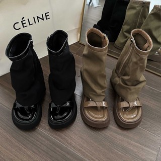 EVEANOBQY Hàn Quốc Phong Cách Mới Thời Trang Y2K Phong Cách Chất Lượng Cao Vải La Mã Dép Giữa Gót Dày Đế Lật Dây Kéo Dép Ulzzang Tất Cả Trận Đấu Ngoài Trời Chống Trượt Ảnh Bền Đẹp