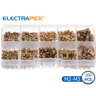 Electrapick 200 chiếc M2-M3 Đồng thau nguyên khối Khuôn đúc Knurl Chèn đai ốc nhúng Nutsert Bộ dụng cụ phân loại