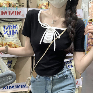 Áo Croptop Cổ Vuông Tay Ngắn Cột Dây Màu Tương Phản Thời Trang Mùa Hè Xinh Xắn Cho Nữ