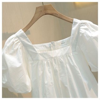 Mùa Xuân 2022 Mùa Hè Phong Cách Mới Phiên Bản Hàn Quốc Cotton Nguyên Chất Cổ Vuông Phong Cách Phương Tây Tay Phồng Tay Ngắn Rời Ôm Hơn Nhìn Áo Chui Đầu Top