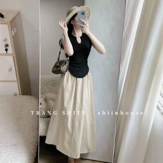 Set Đồ Thanh Lịch Áo Thun Gân Cổ Chữ V Mix Chân Váy Xếp Ly Dáng Dài Chất Gân Sóng Mẫu Mới Y Hình